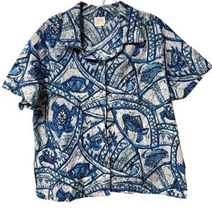 Private Beach Ladies Blue and White Aloha Shirt Sz XL